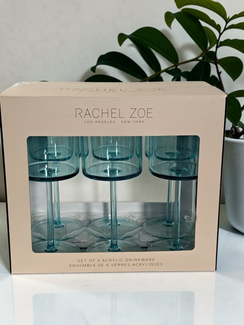 Rachel Zoe set of 6 Acrylic Long Stem Wine Glasses 14 oz 414 ml New in Box